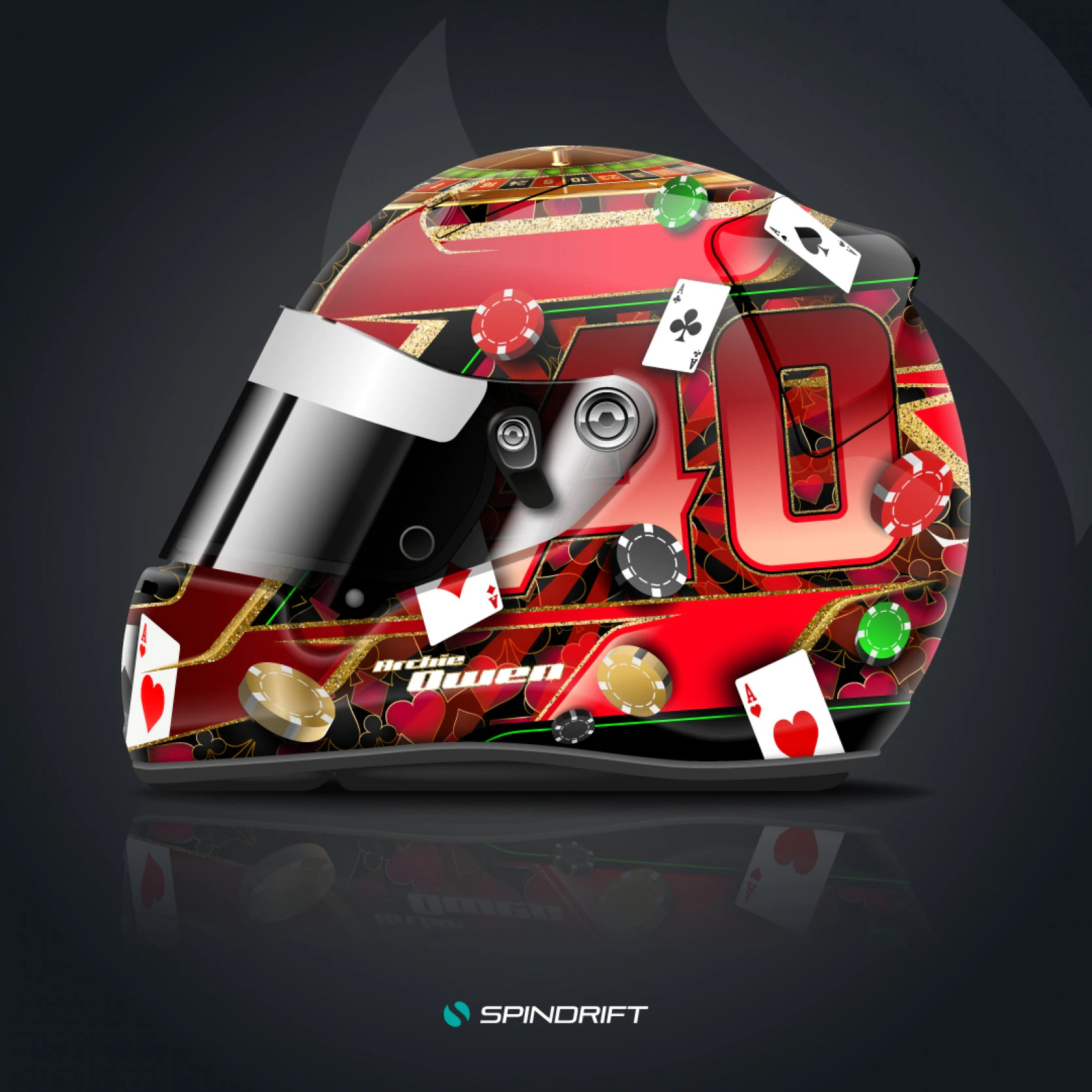 Custom Arai helmet livery design for Archie Owen, featuring a Las Vegas casino theme with roulette wheel, poker chips, gold metal flake, and the Welcome to Las Vegas sign.