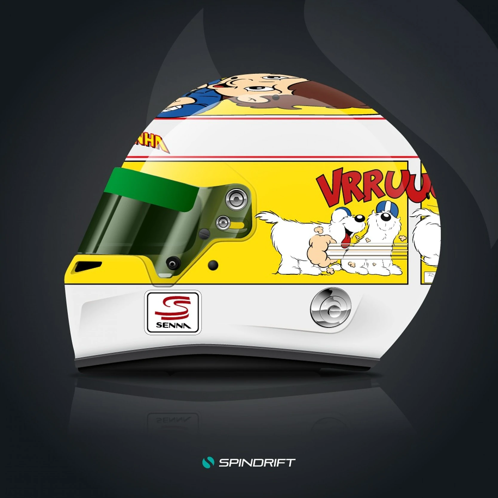 Historic tribute helmet design featuring Senninha character vectors, meticulously recreated to honour Ayrton Senna's legacy.