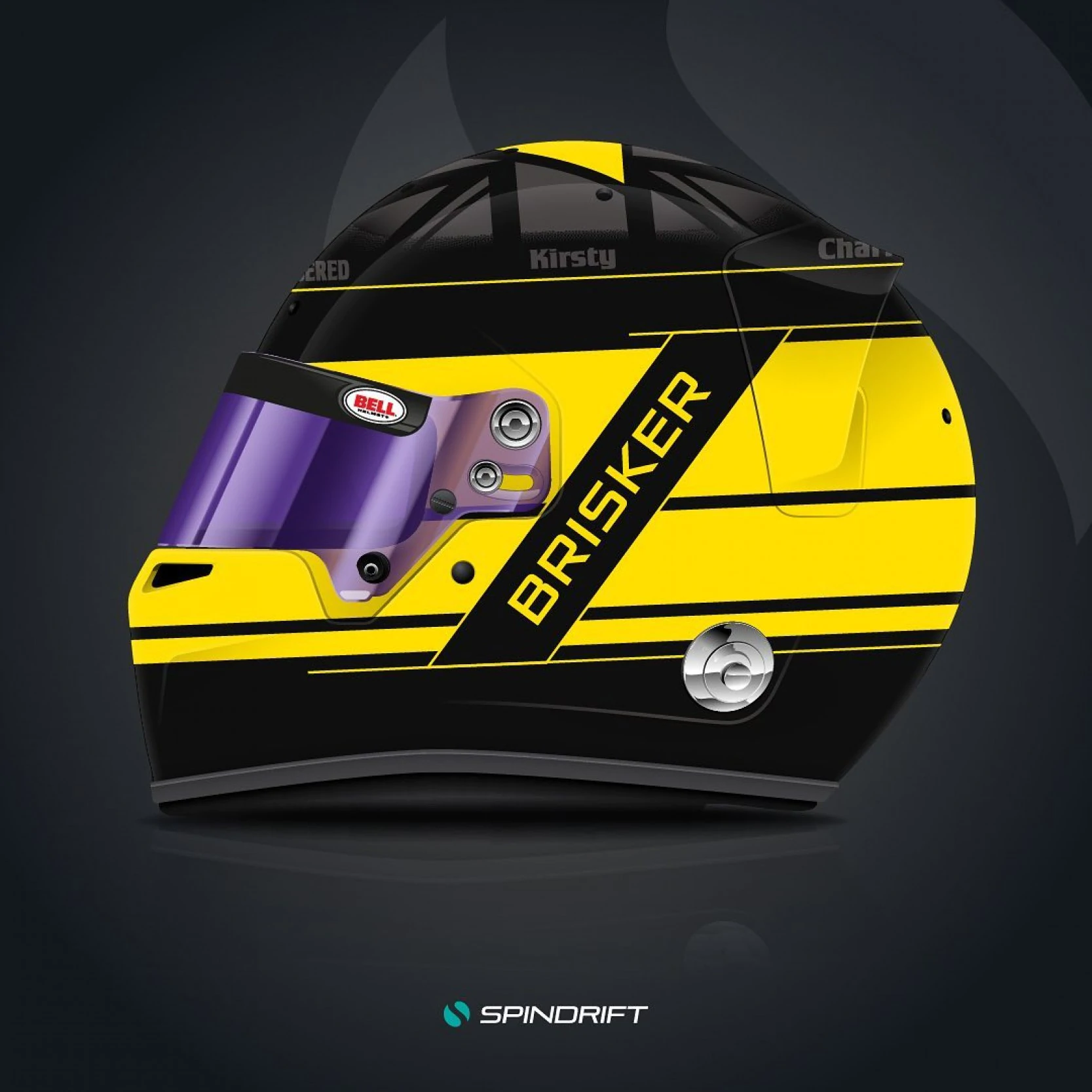 Custom Bell RS7 helmet for Mazda MX-5 racer Charlie Brisker, featuring holographic Union Jack and memorial bulldog mural.