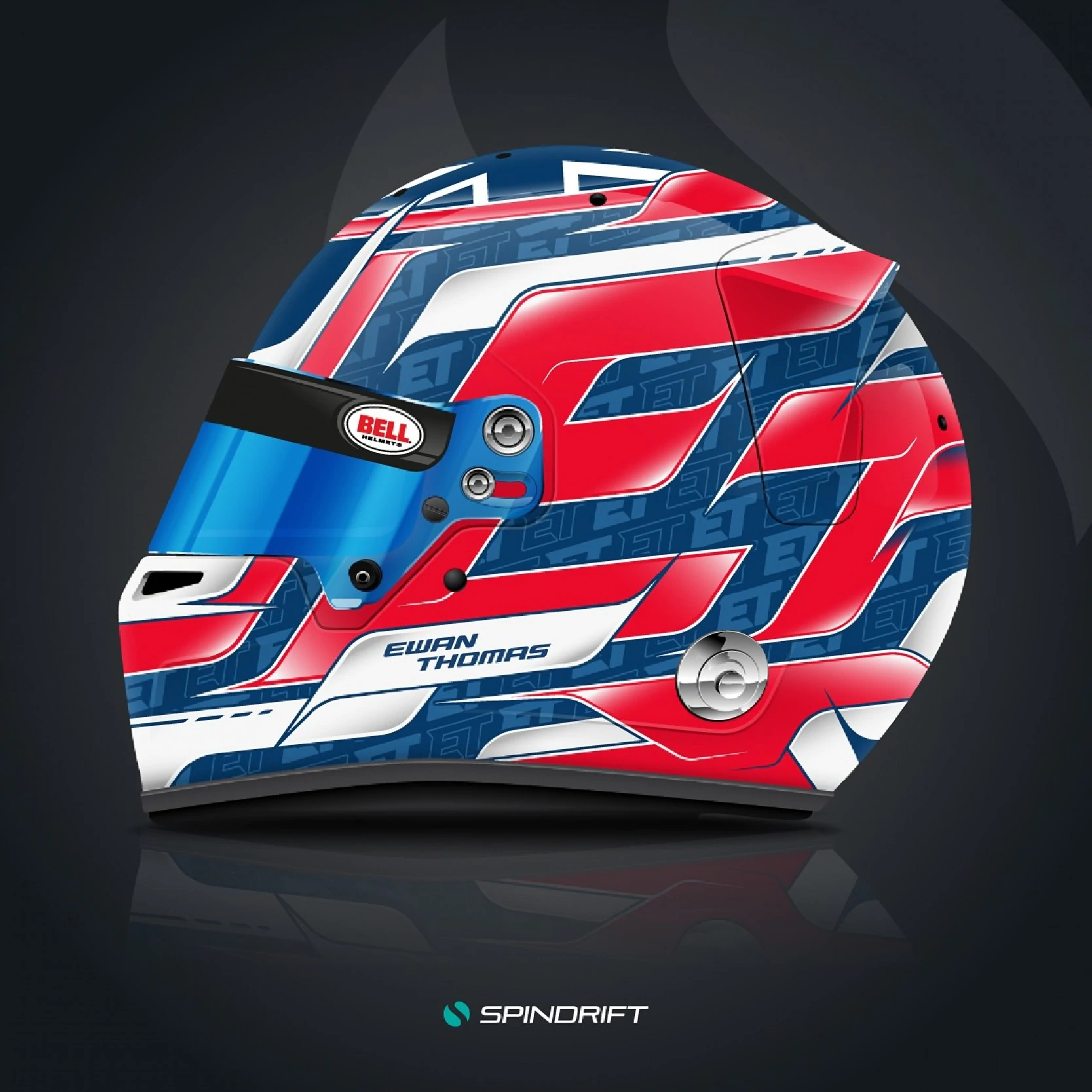 Bell RS7 Pro design for Ewan Thomas featuring patriotic Union Jack motif and repeating 'ET' monogram for personal identity.