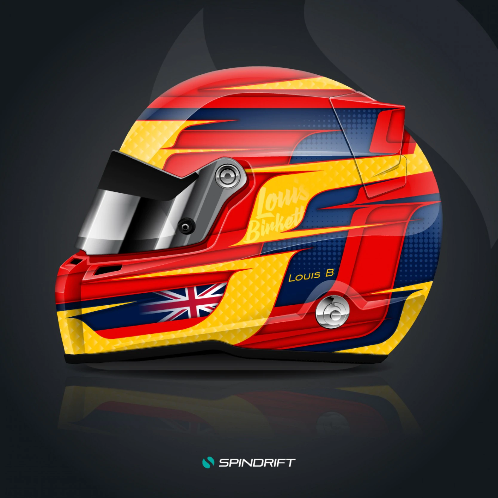 Custom Stilo ST4 helmet design for Louis Birkett, featuring high-contrast red, yellow, and blue kinetic graphics and Union Jack motif.