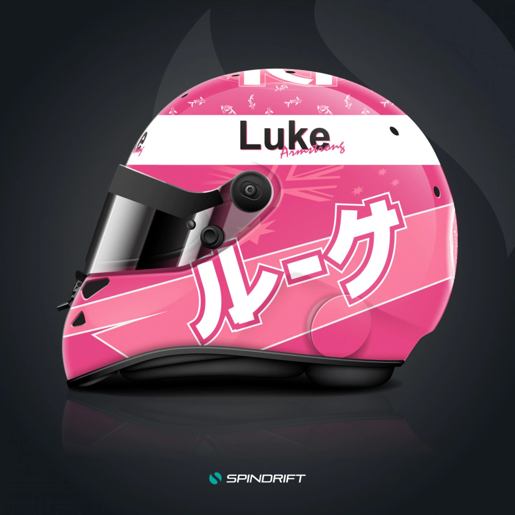 Custom Schuberth SK1 helmet design for Rotax karter Luke Armstrong, featuring Japanese Koi fish motif and pink livery for international motorsport competition.
