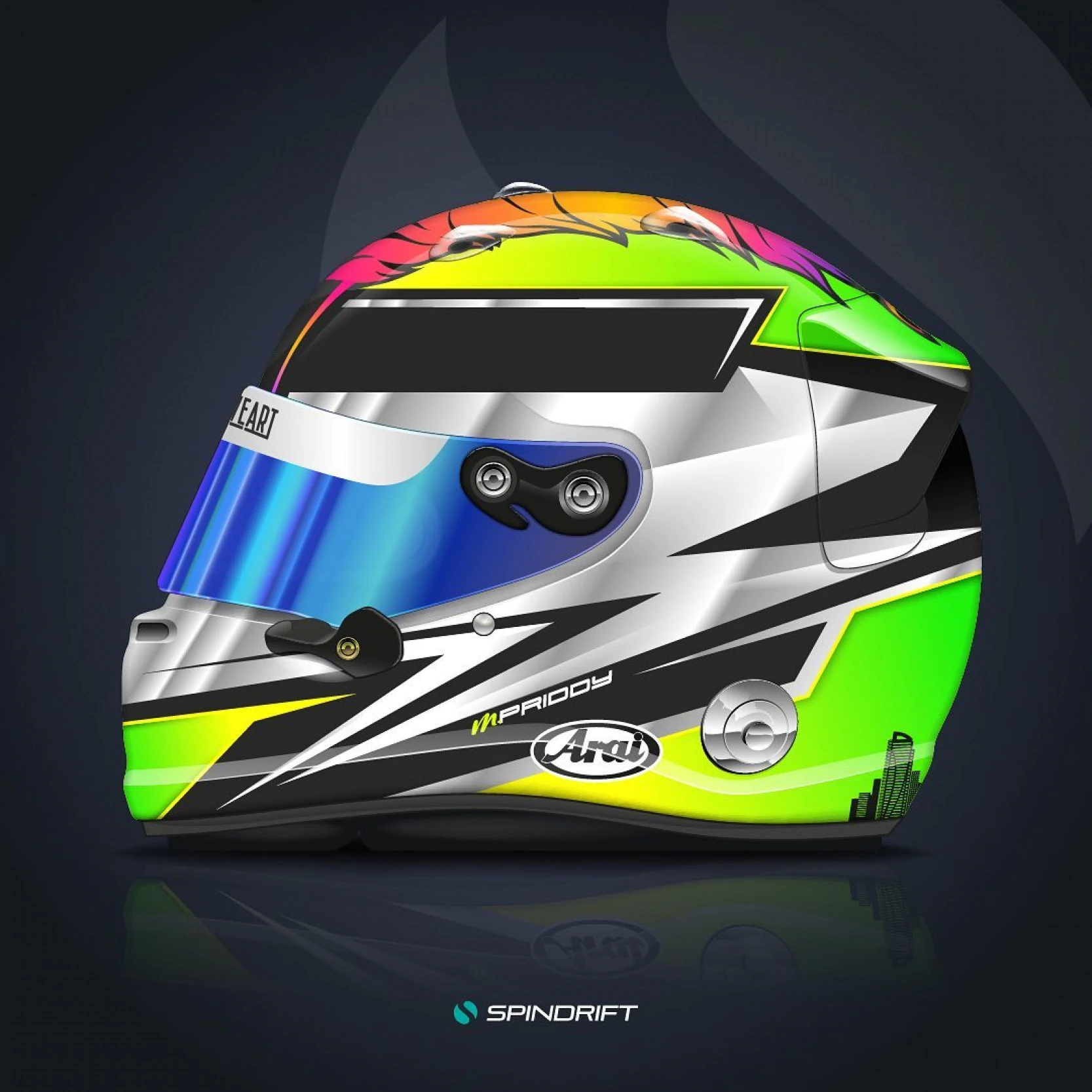Custom Arai GP-7 helmet design for Mark Priddy featuring chrome base, matte black sections, and bespoke Monaco skyline graphics.