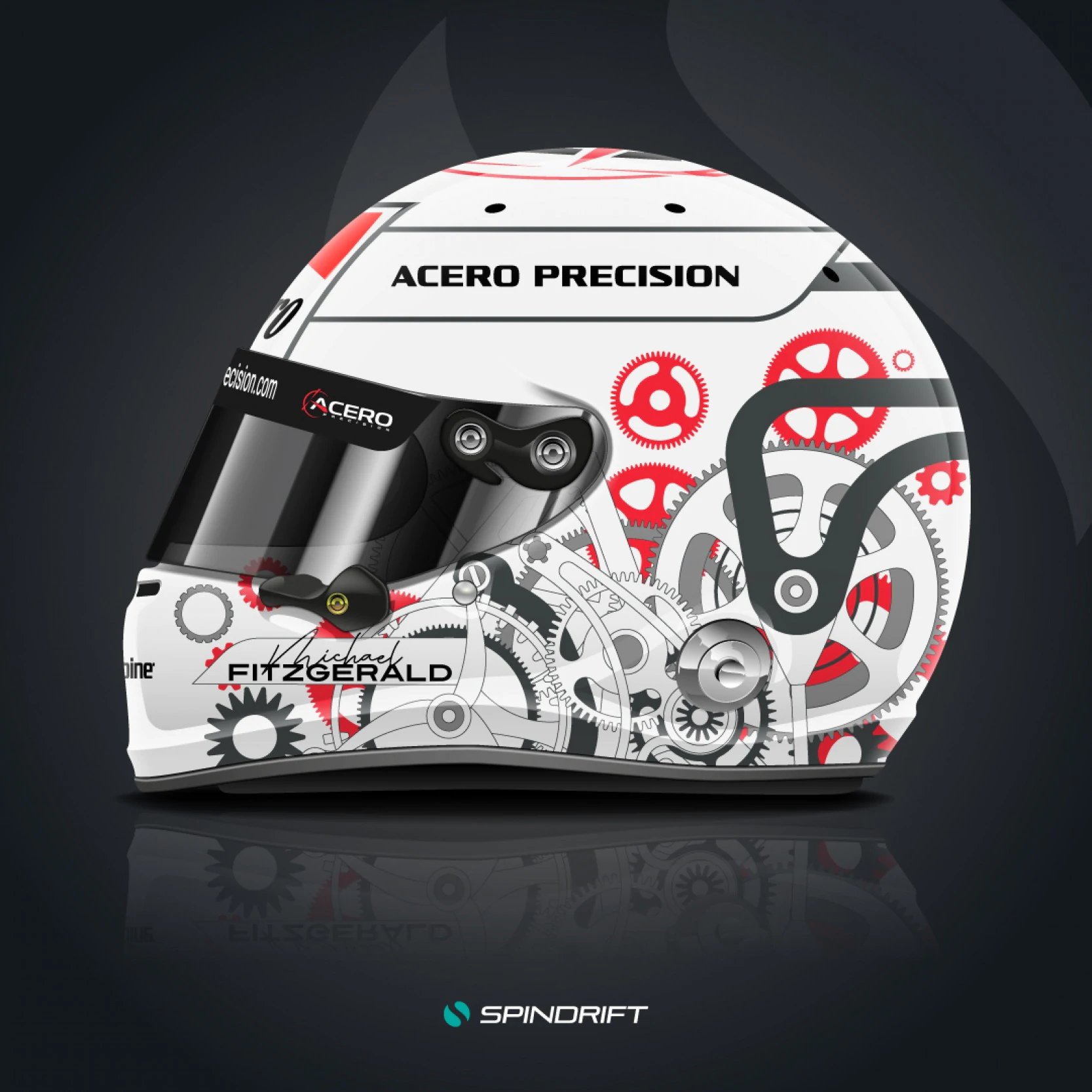Intricate Arai GP-7 SRC helmet design for Michael Fitzgerald, integrating gear motifs and technical aesthetics.