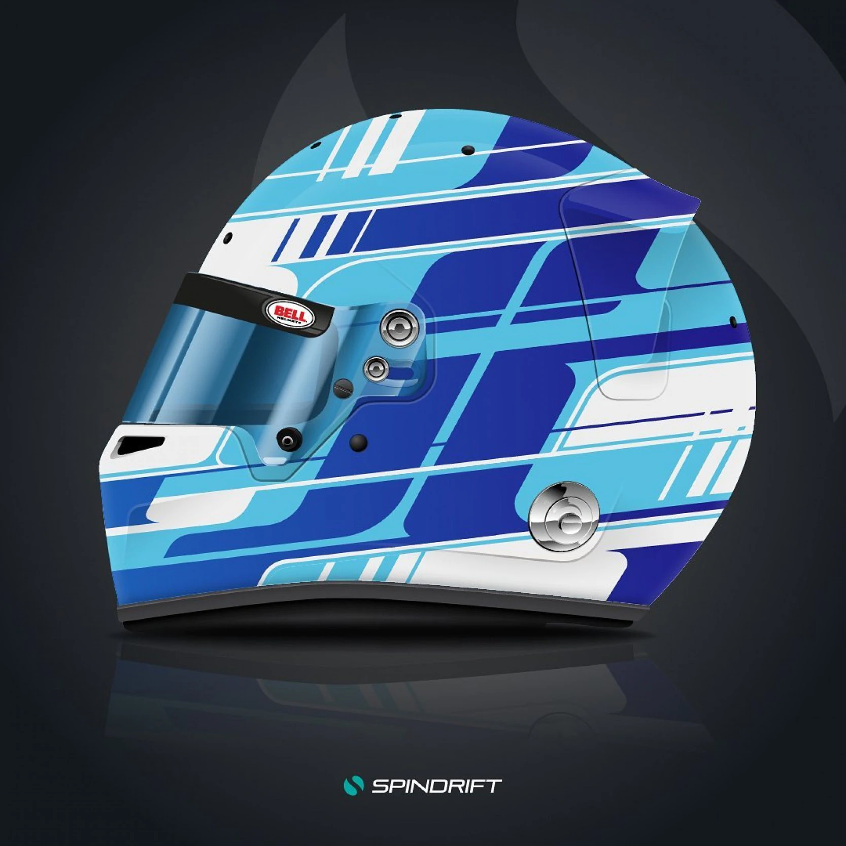 Custom racing helmet design for Michael McInerney, featuring dynamic geometric panels in various shades of light and dark blue, engineered for high-speed visibility.