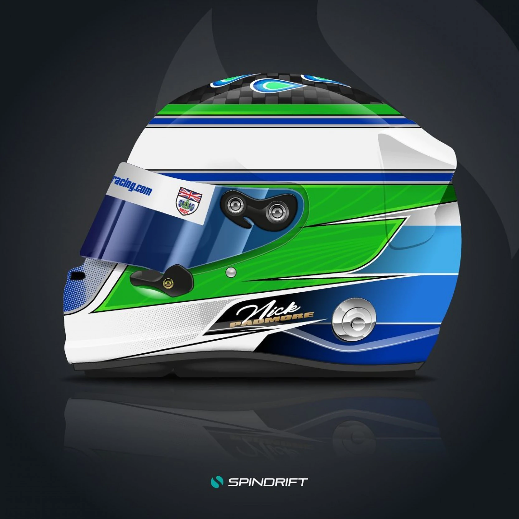 Custom Arai GP-7 SRC ABP helmet design for Historic F1 Champion Nick Padmore, featuring traditional green and blue family colours.