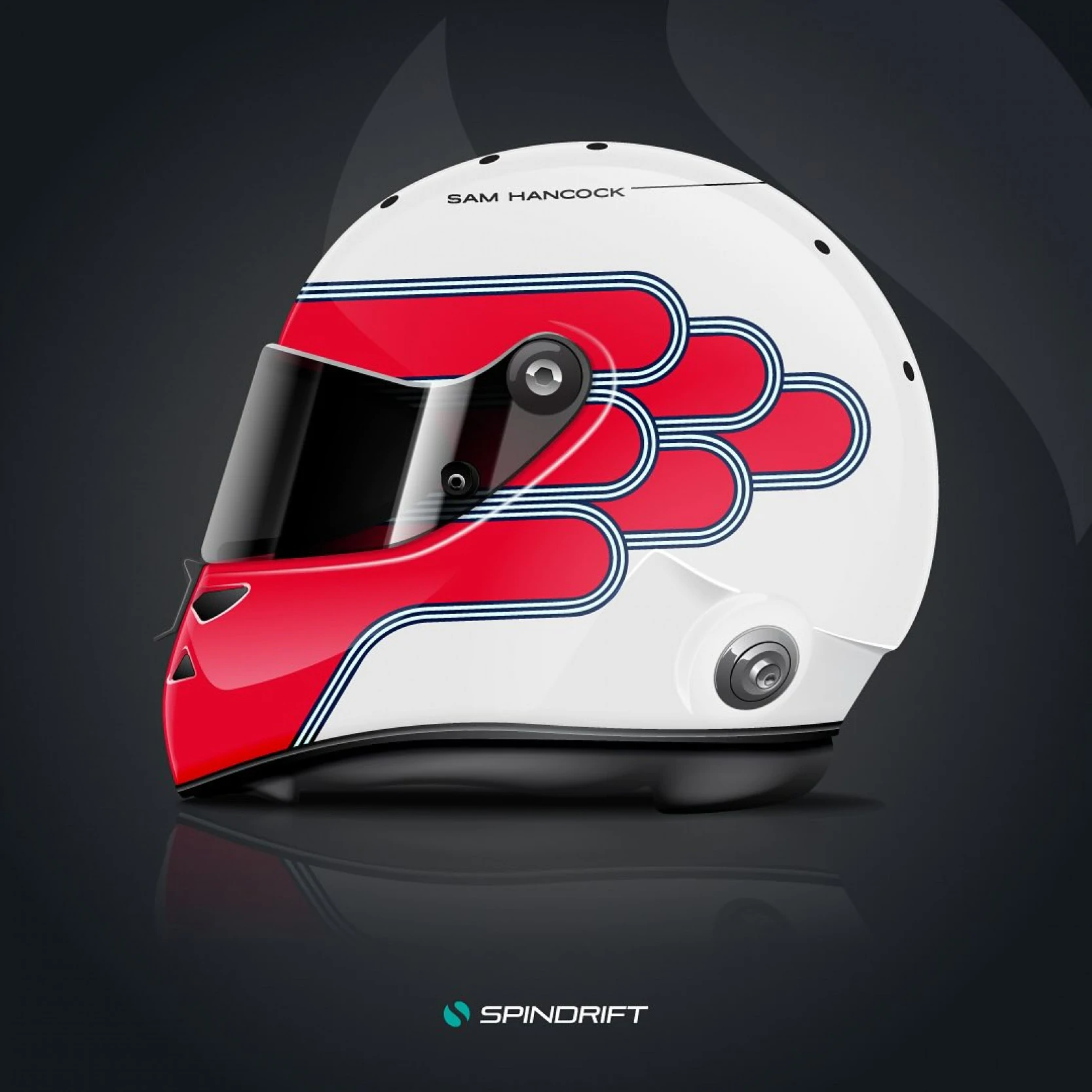Historic-style Schuberth SP1 helmet design for Sam Hancock, featuring fluorescent red and classic 80s/90s racing livery influences.