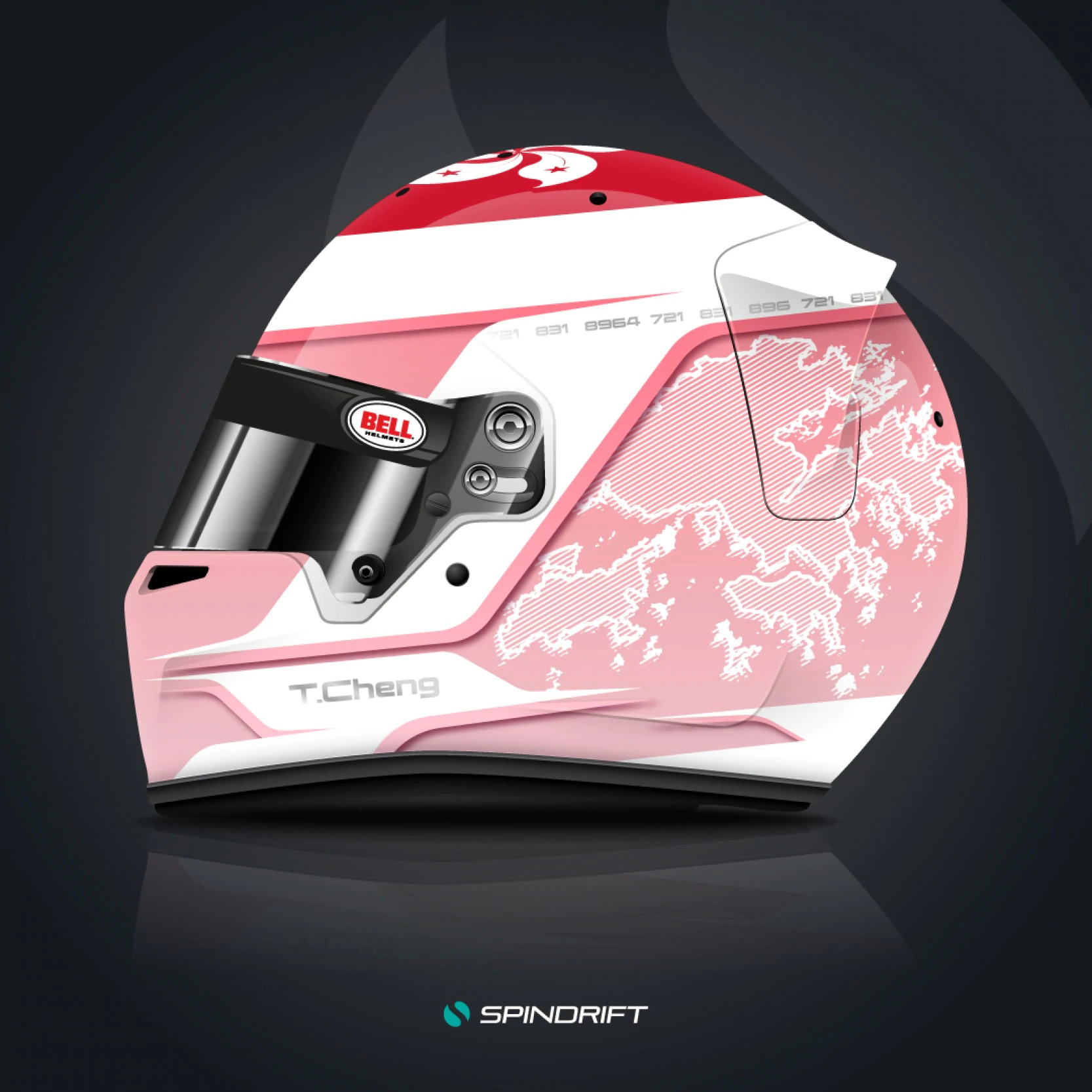 Custom Bell RS7-K karting helmet design for Thomas Cheng, featuring the Hong Kong flag and map with a matte finish.