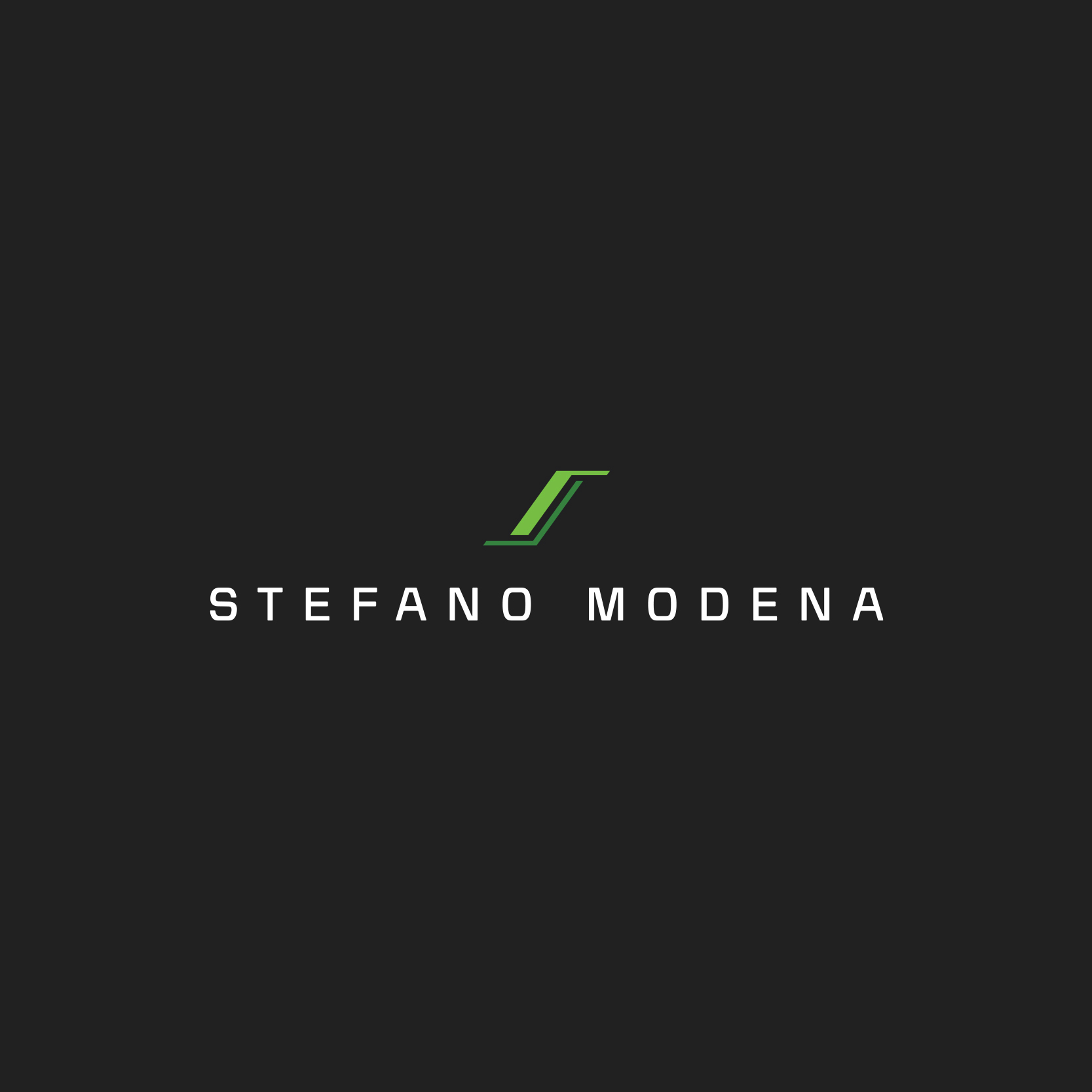 Bespoke brand identity design for F1 and DTM driver Stefano Modena, featuring a minimalist green 'S' monogram distilled from his iconic helmet livery.