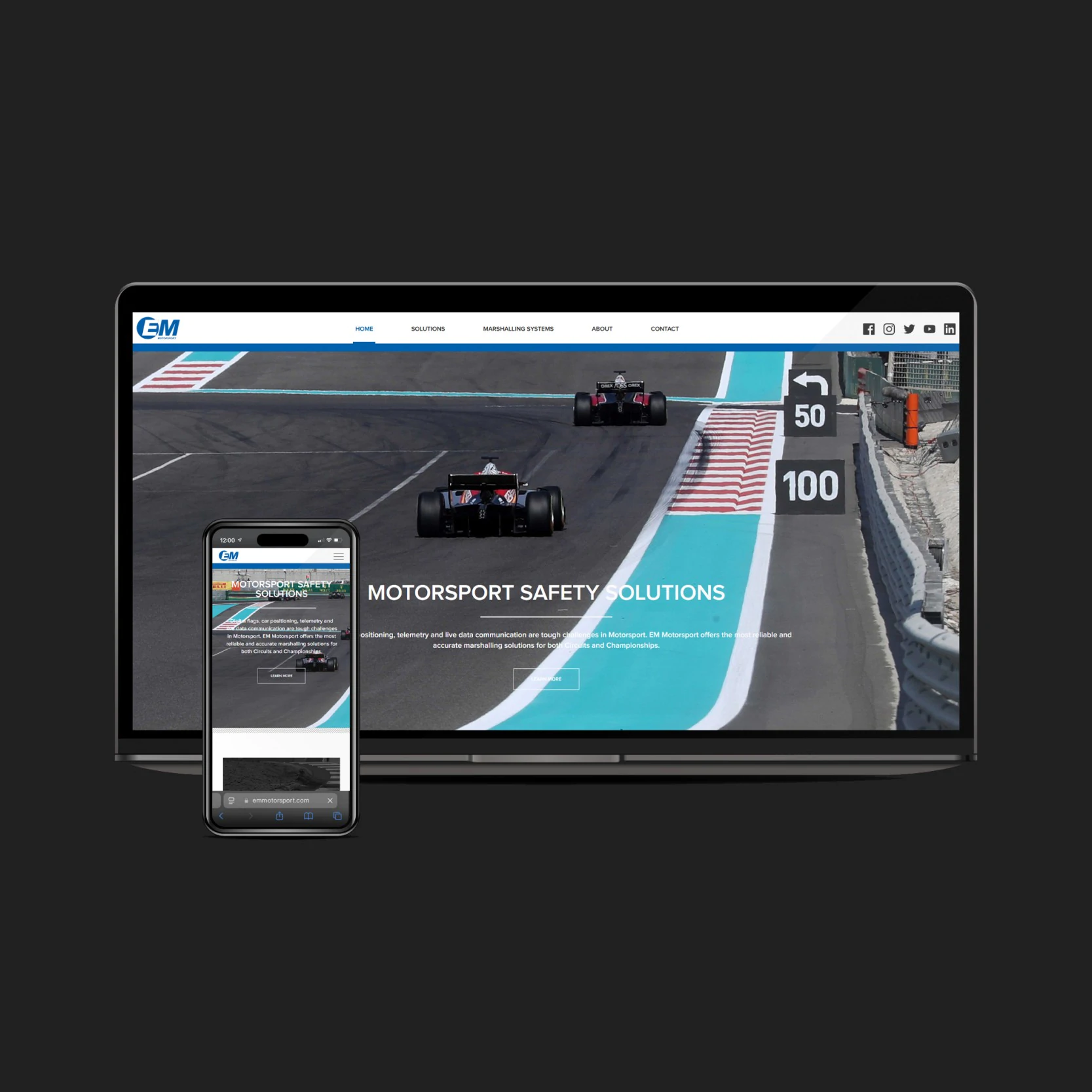 Custom website design for EM Motorsport safety systems, structured to inform media and sponsors.