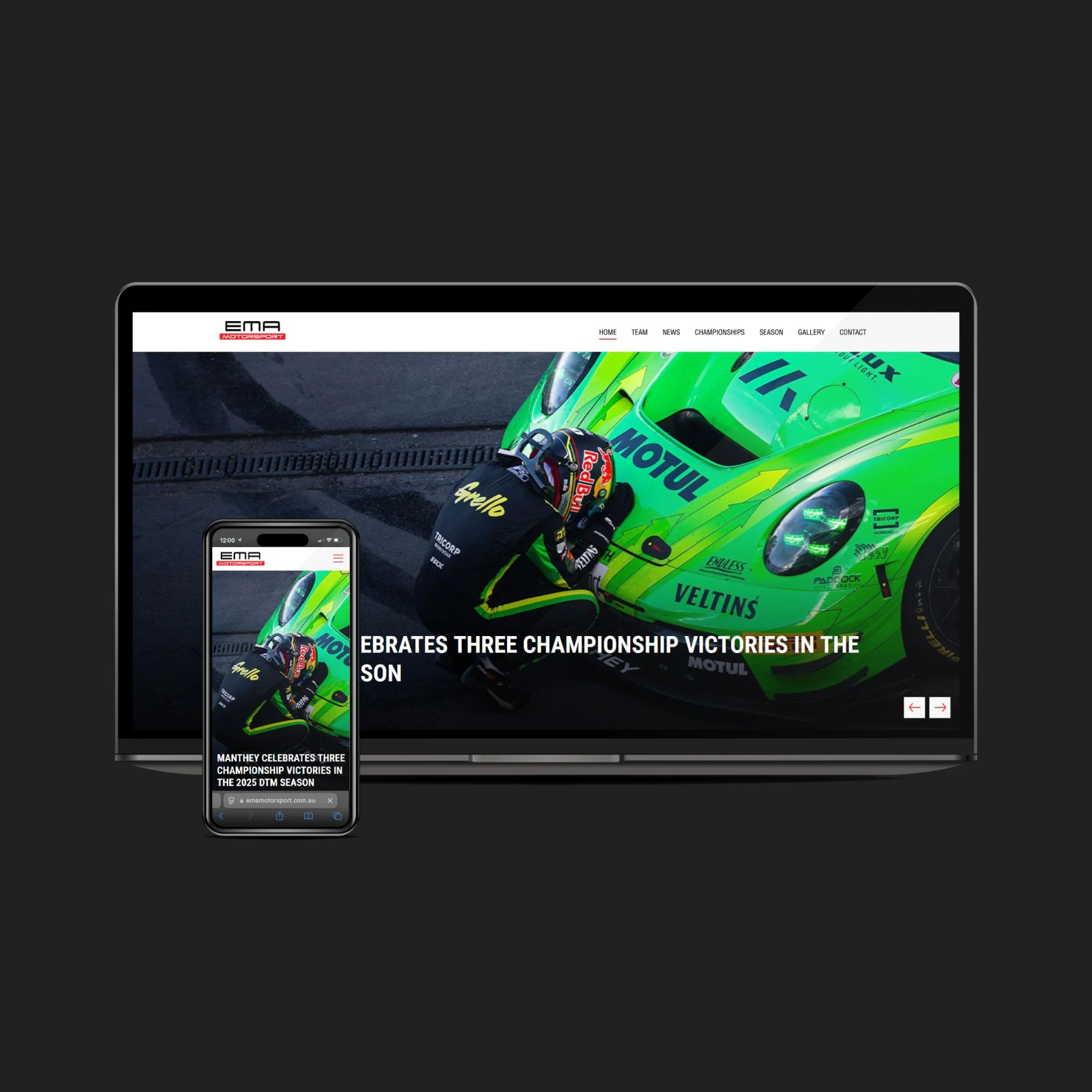Custom motorsport website design created for EMA Motorsport.