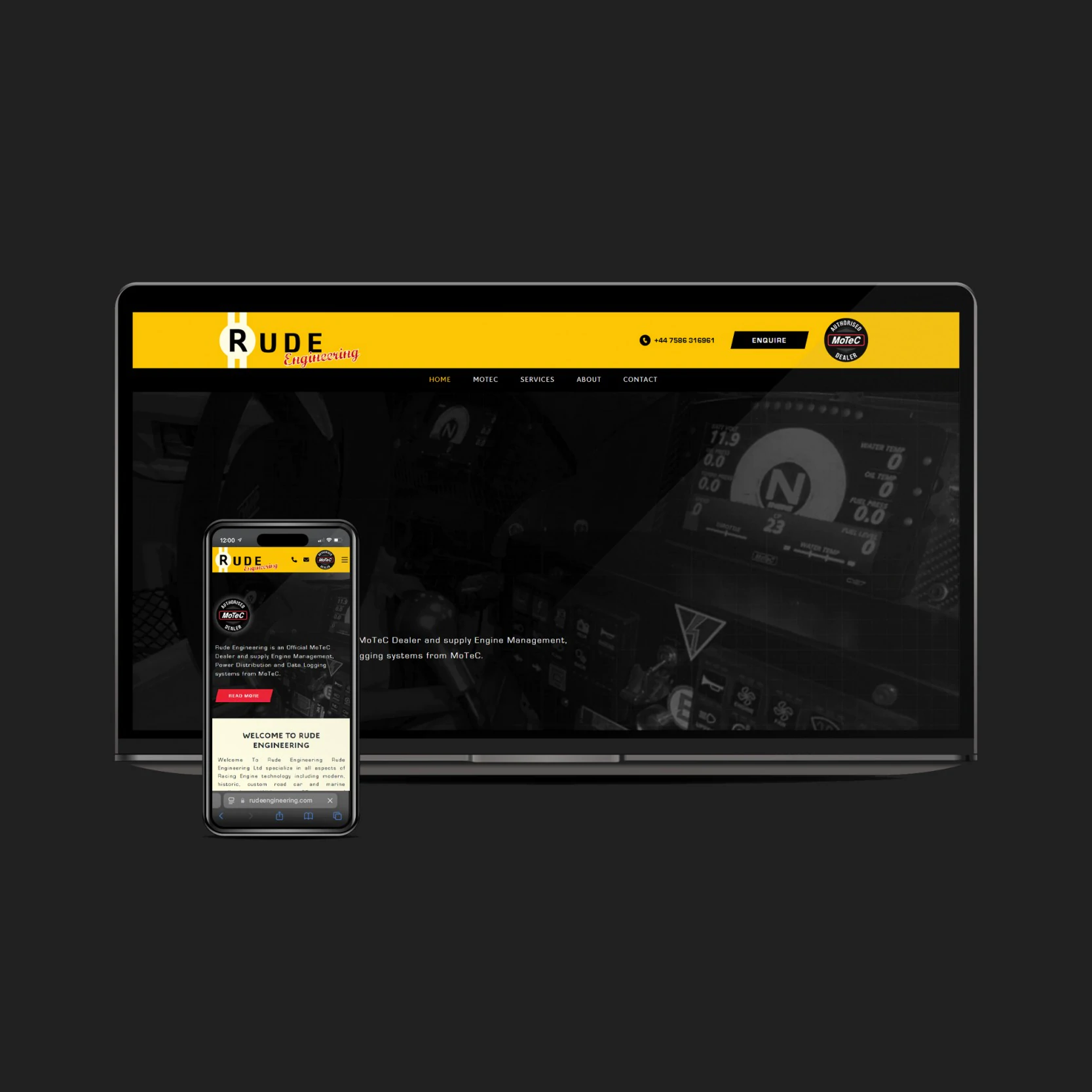 Premium motorsport website design created for Rude Engineering.
