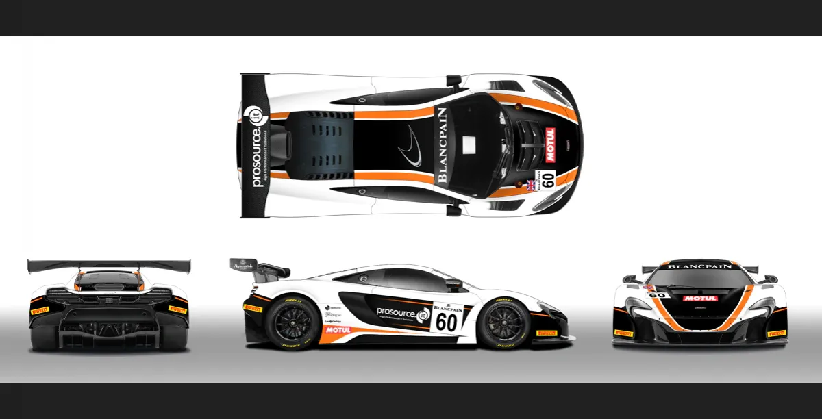 Design view of McLaren GT racecar livery designed for global sponsor visibility.