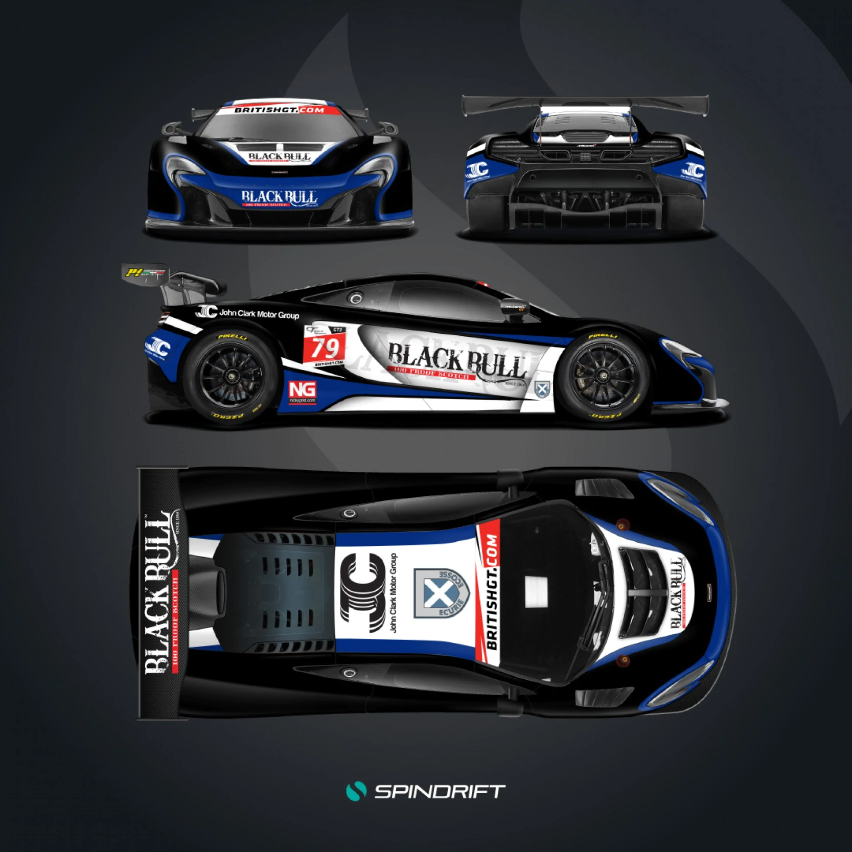 Bespoke racecar livery design for the Black Bull Ecurie Ecosse McLaren 650S GT3, featuring a dynamic black and blue graphic flow and strategic sponsor placement.