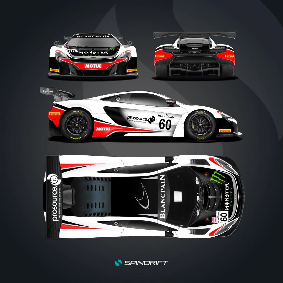 Bespoke McLaren 650S GT3 livery, designed for the overall victory in the 2016 Blancpain Endurance Series, emphasizing the strategic placement of sponsor branding (Monster Energy, Motul) across the car body.