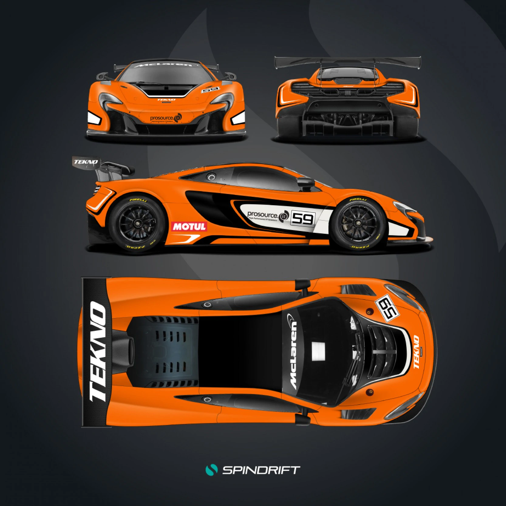 Bespoke McLaren 650S GT3 livery designed for the overall victory at the 2016 Bathurst 12 Hour, showcasing the signature orange and black visual identity of the Tekno Autosports team.