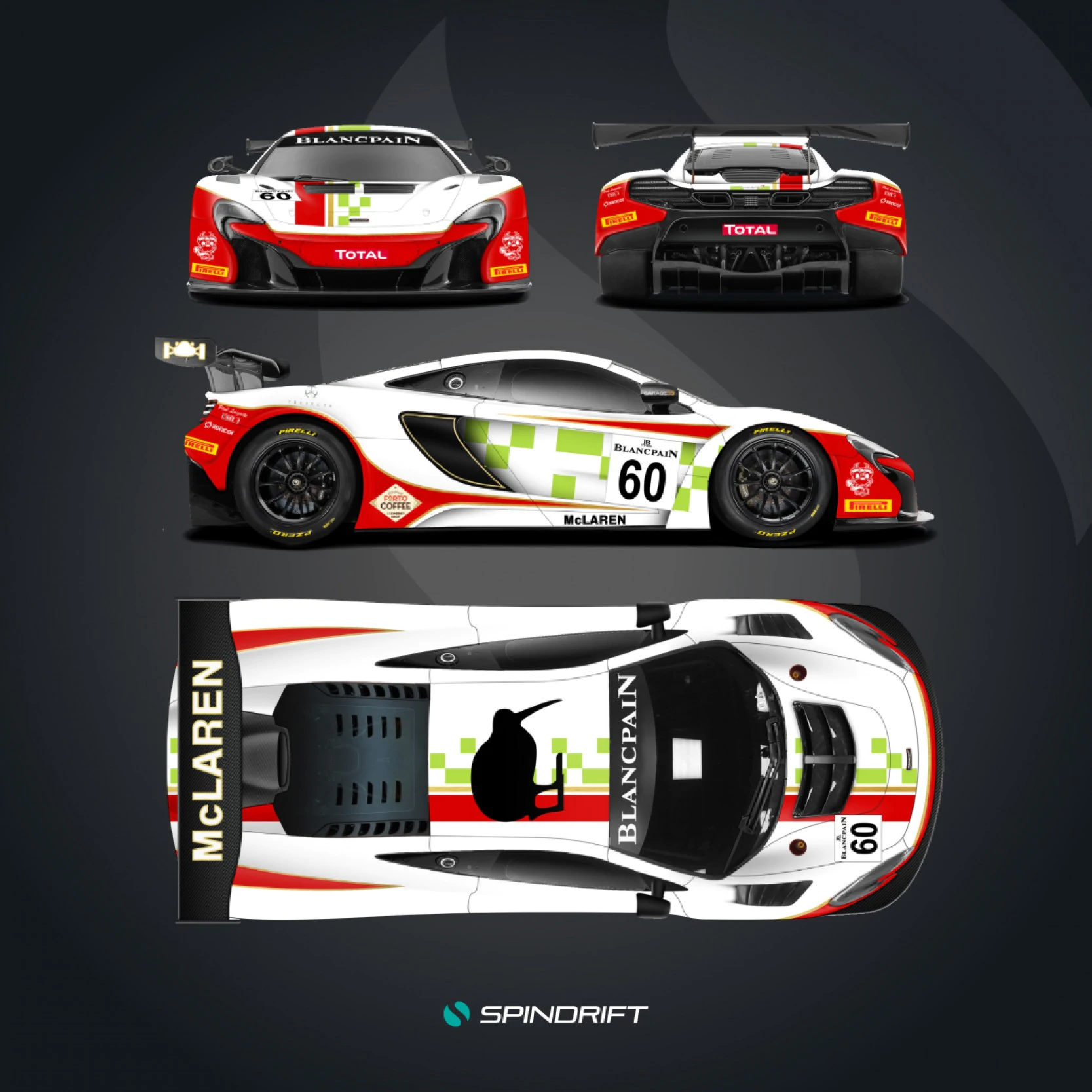 Bespoke Spa 24 Hours livery design for the McLaren 650S GT3, featuring the iconic red, white, and green 'Speedy Kiwi' motif in homage to the 50th anniversary of Bruce McLaren Motor Racing.