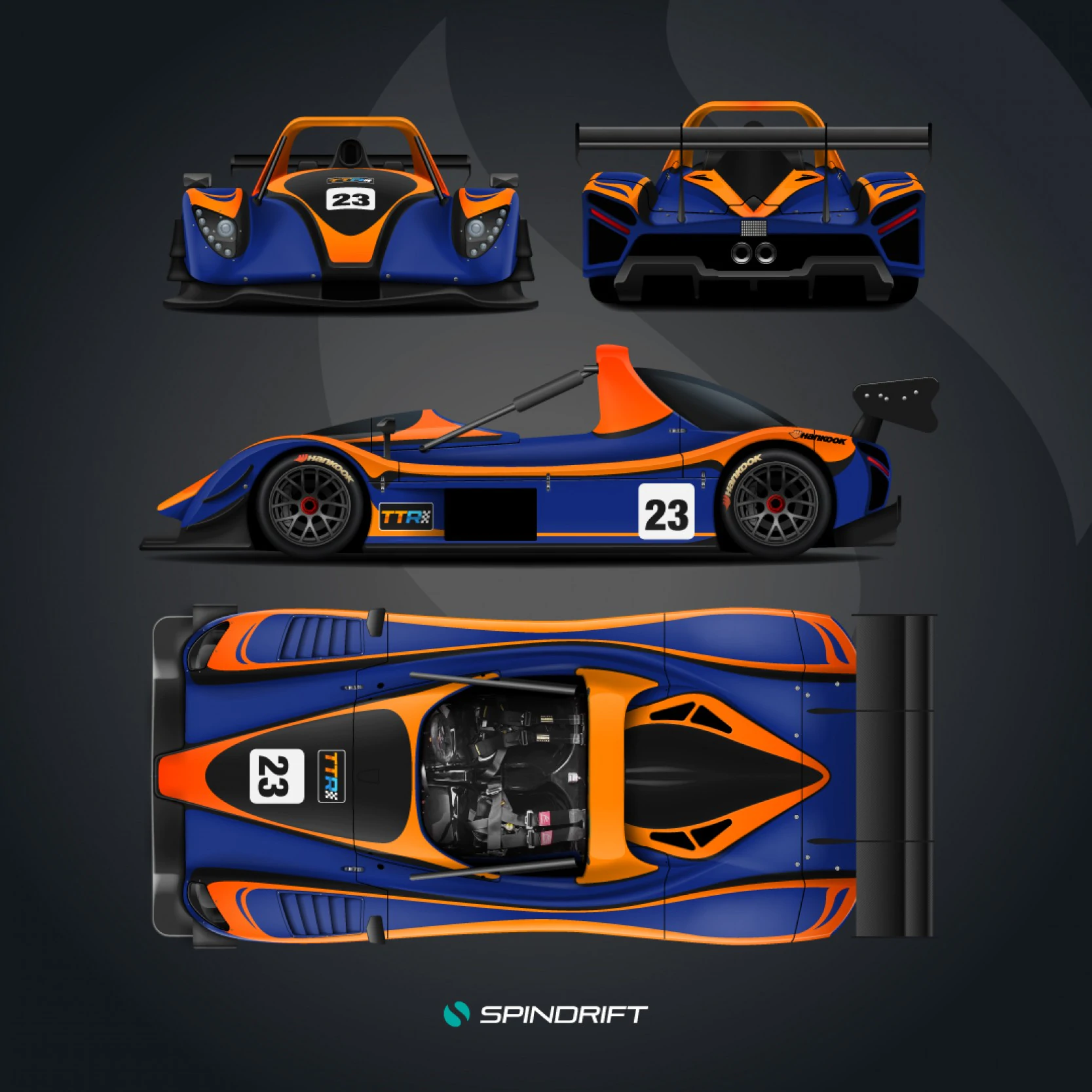 Bespoke Radical RXC Spyder racecar livery, emphasising blue and fluorescent orange panel design, engineered for competitive visibility in the Radical UAE Cup.