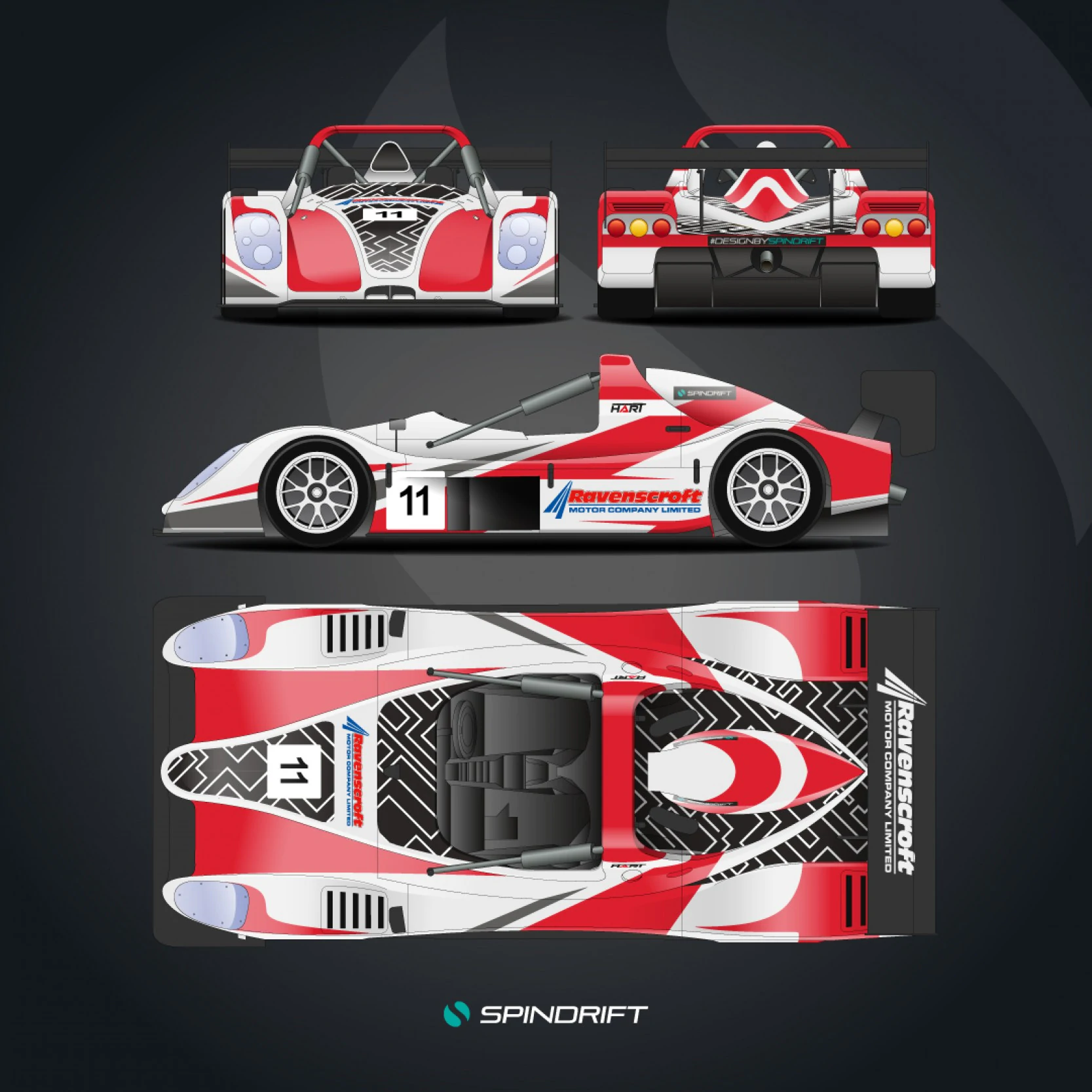 Bespoke Radical SR3 racecar livery, emphasizing the clean, structural placement of fluorescent red and white graphics, engineered for maximum visibility in the Radical Challenge Championship.