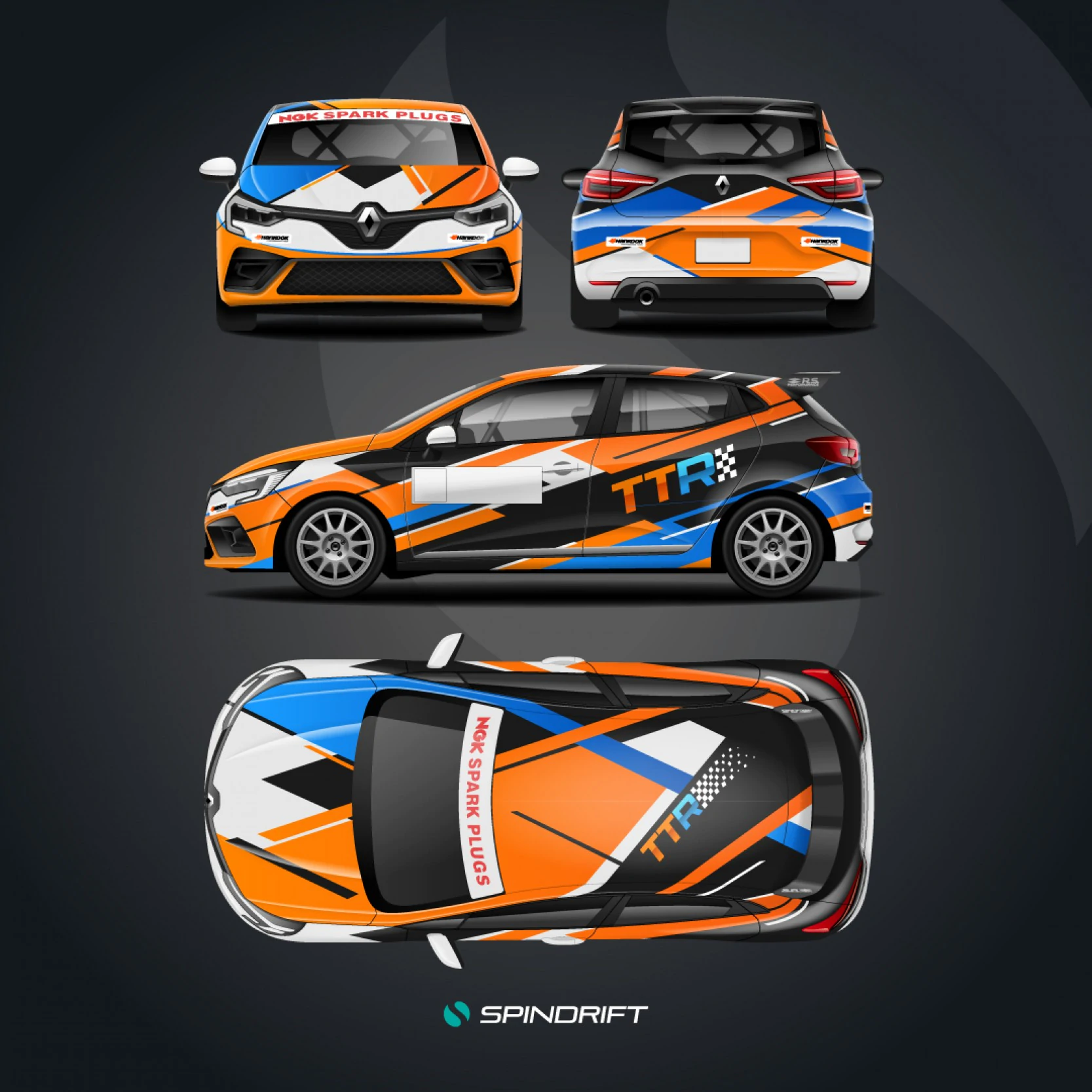 Bespoke livery design for the Renault Clio Gen 5 touring car, showing top-down and side views, engineered for maximum sponsor visibility of TTR.
