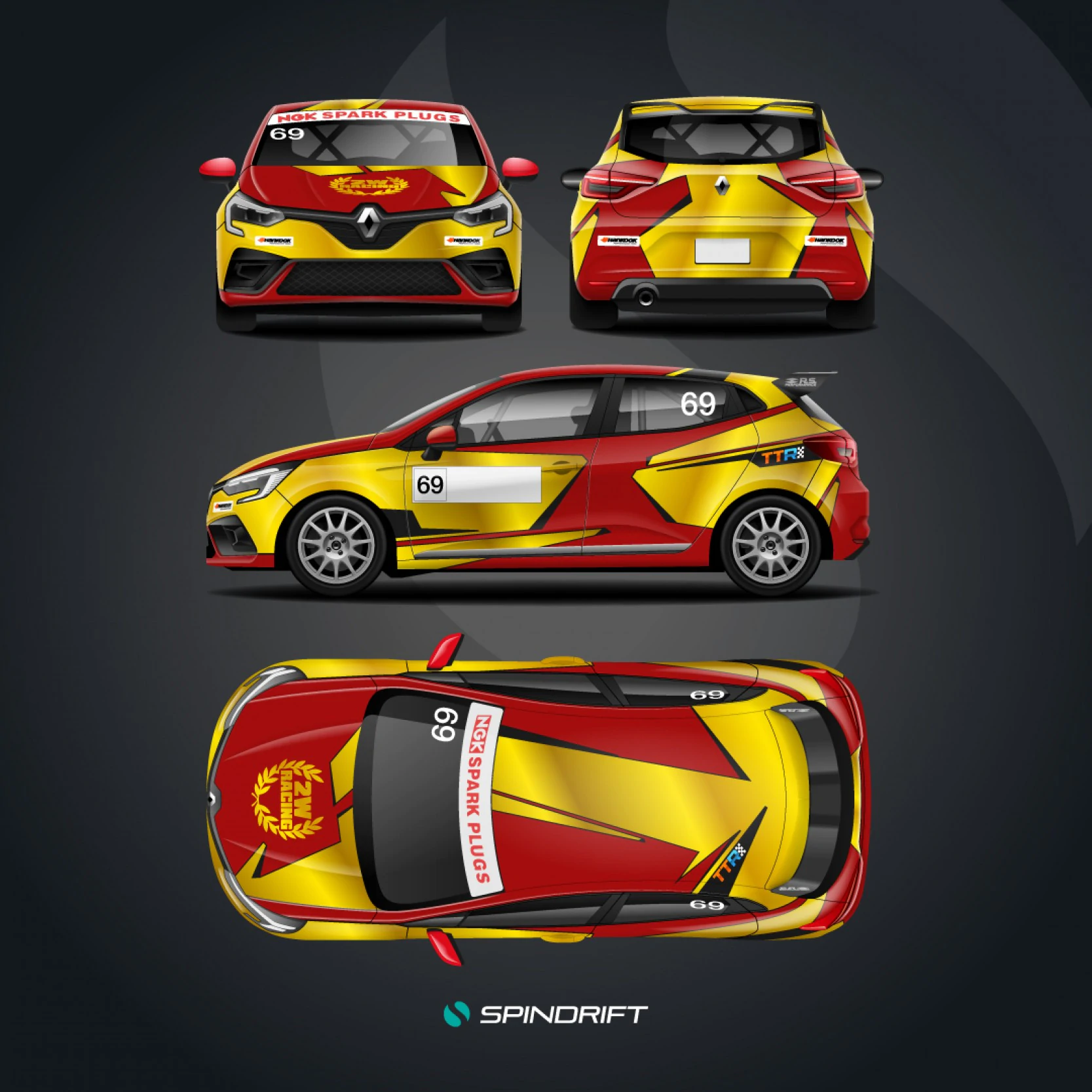 Bespoke Renault Clio Gen 5 racecar livery, emphasising high-contrast red and yellow geometry and strategic sponsor placement for the NGK UAE Pro Car Championship.