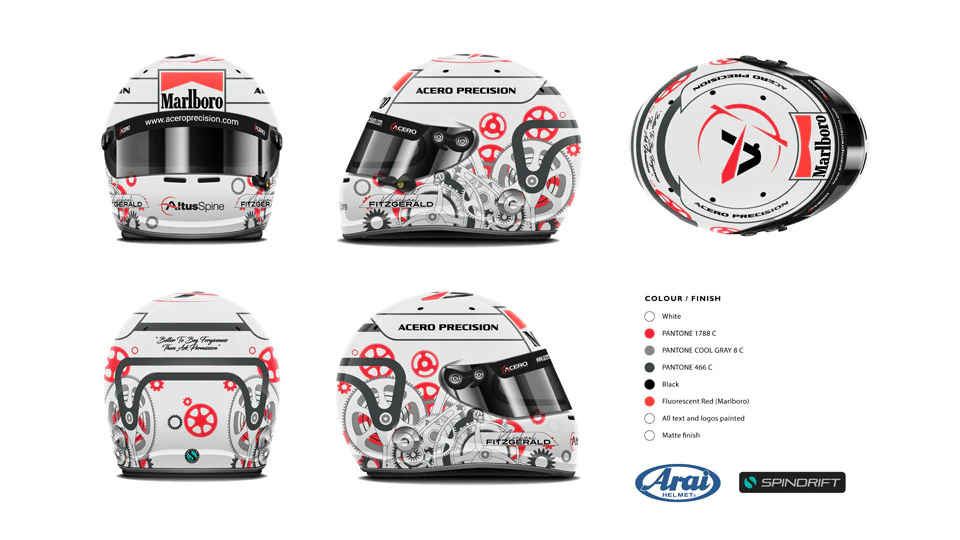 Technical 5-view blueprint for a Michael Fitzgerald Arai GP-7 SRC helmet design, featuring horological gear motifs and precise Pantone colour mapping.