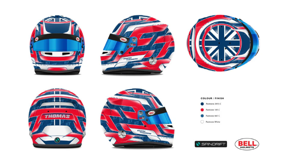 Bespoke Bell HP7 helmet livery for Ewan Thomas, featuring a patriotic Union Jack motif and technical elevations for professional paint application.