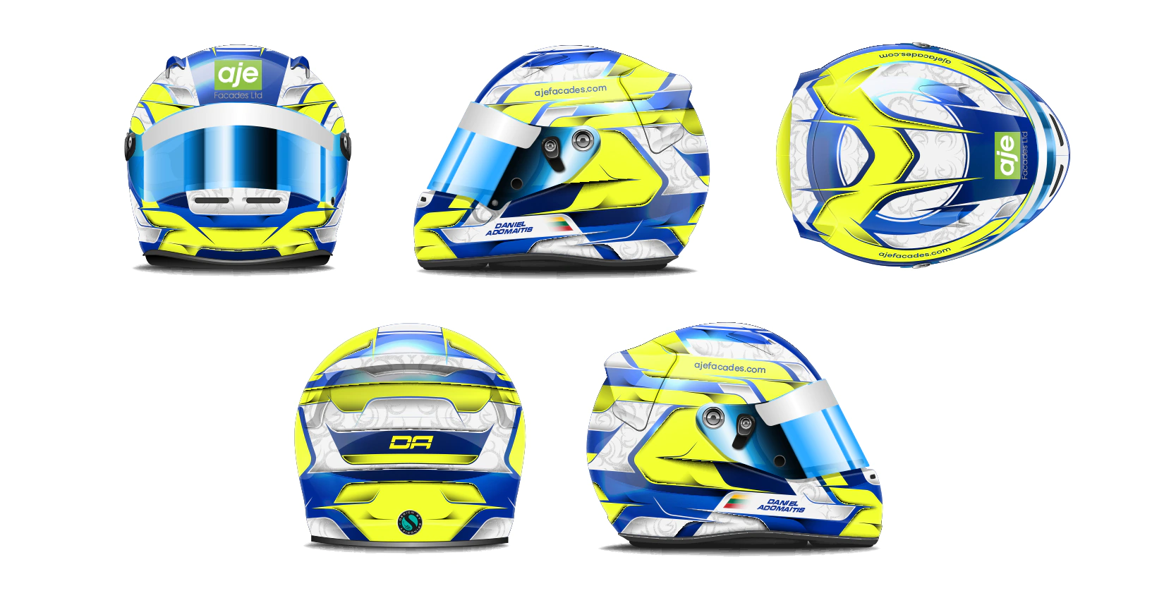 Helmet design by Spindrift on an Arai CK-6, featuring fluorescent colours and a chrome base.