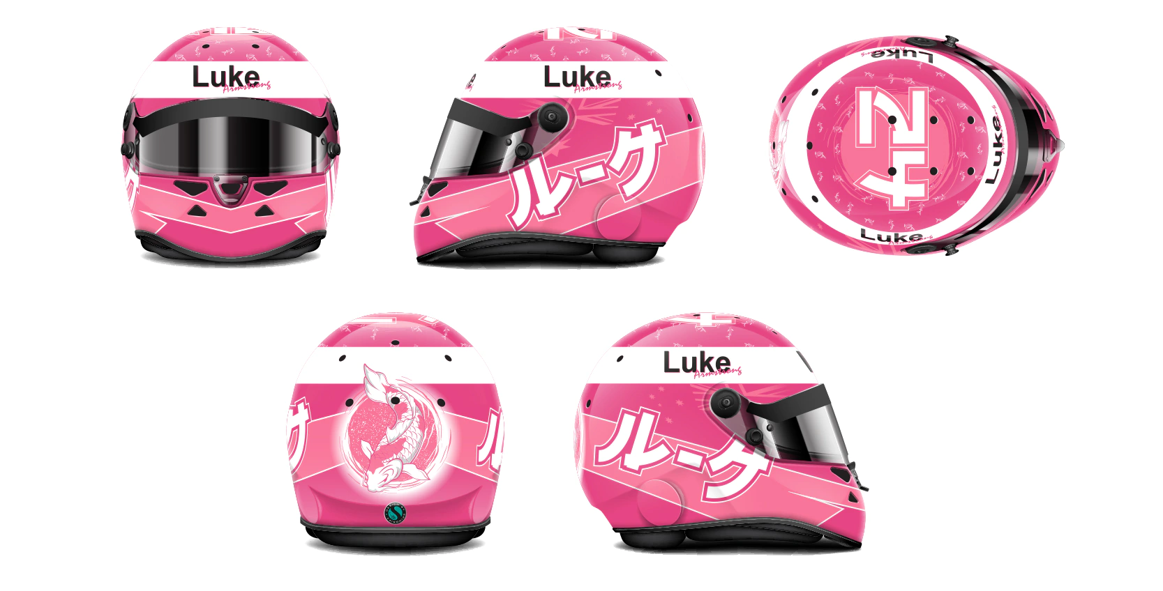Custom Schuberth SK1 helmet design, featuring Japanese Koi fish motif and pink livery for international motorsport competition.