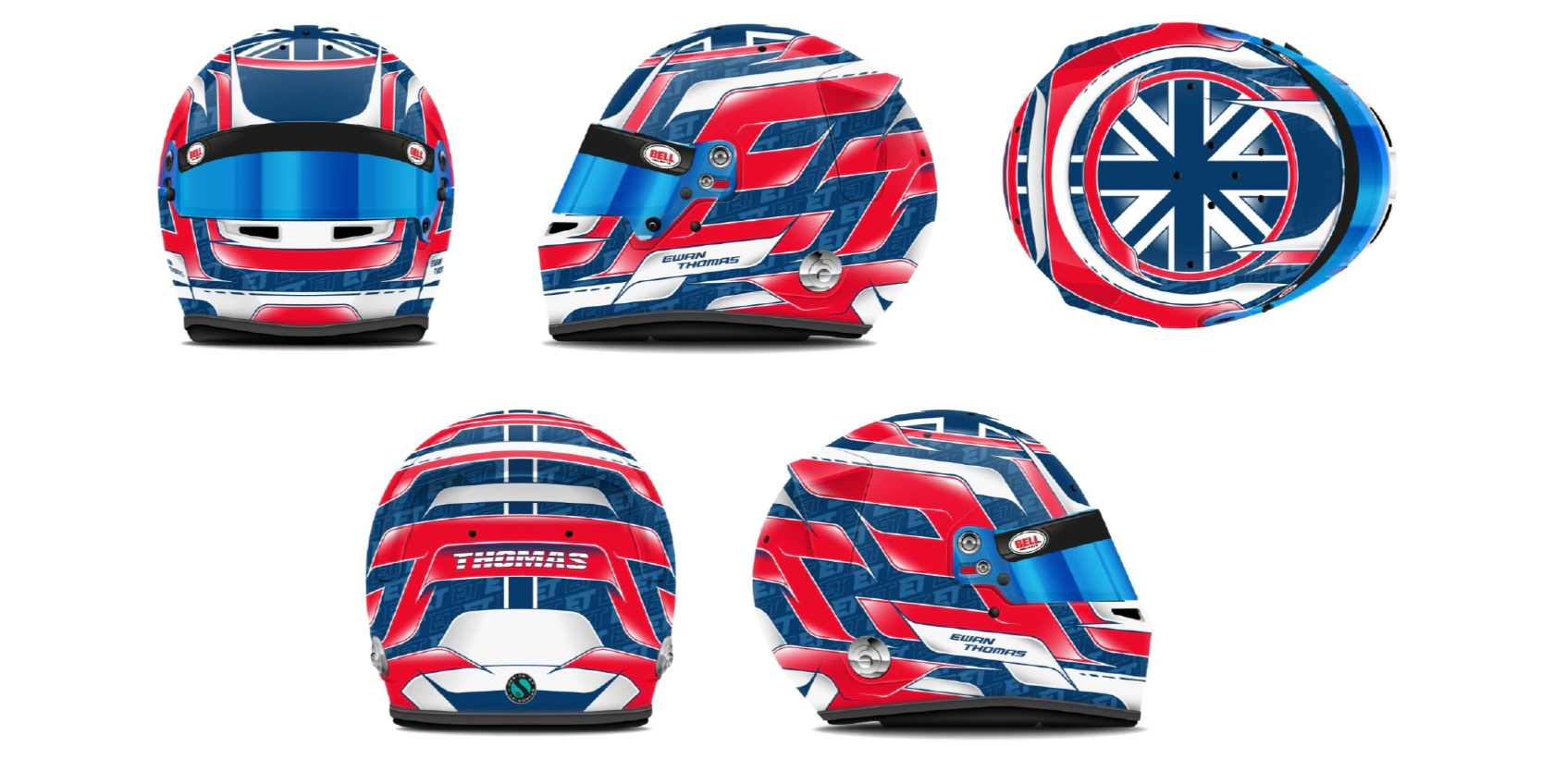 Bell RS7 Pro helmet design, featuring patriotic Union Jack motif and repeating 'ET' monogram for personal identity.