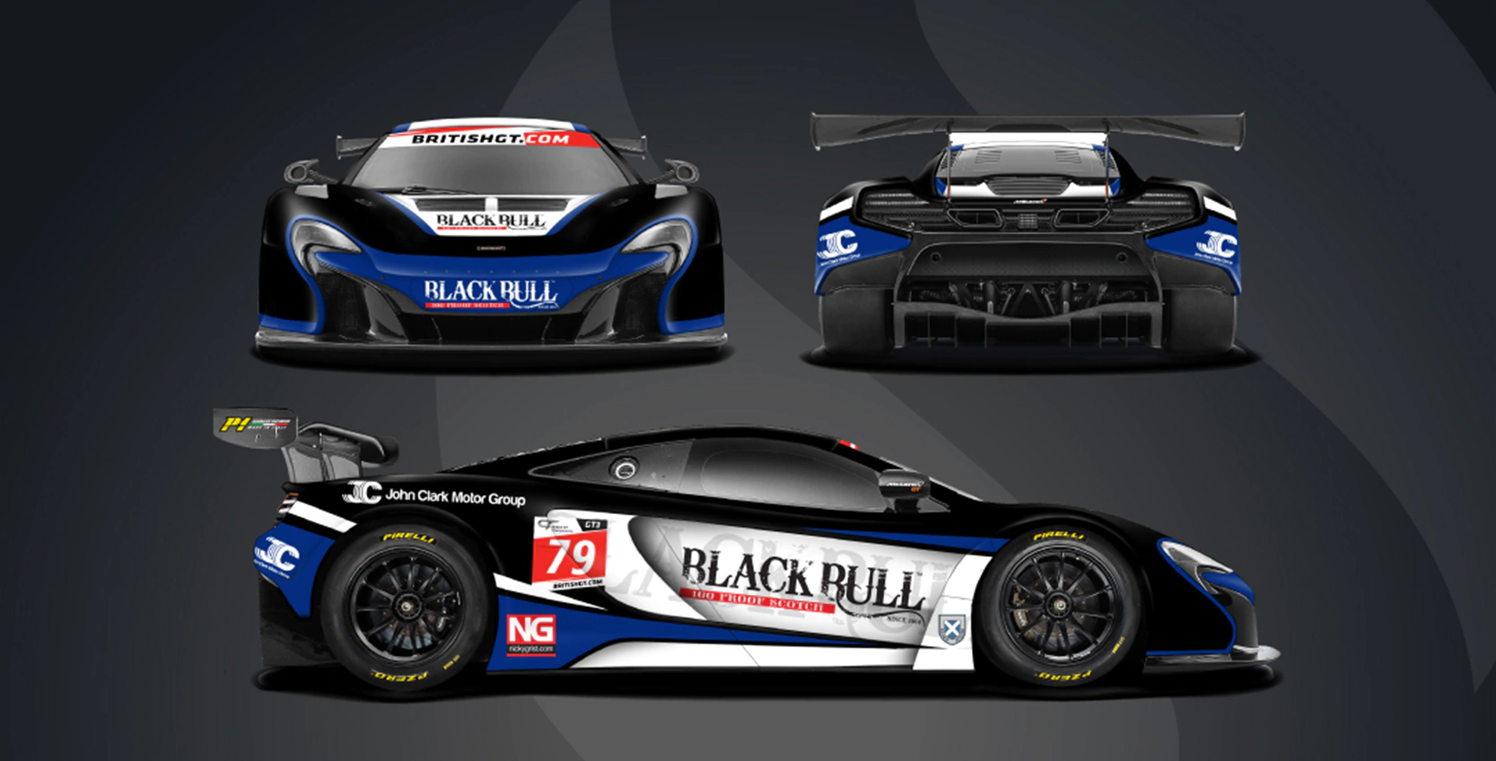 Racecar Livery Design on a McLaren 650S GT3 for McLaren GT featuring Black Bull sponsorship branding.