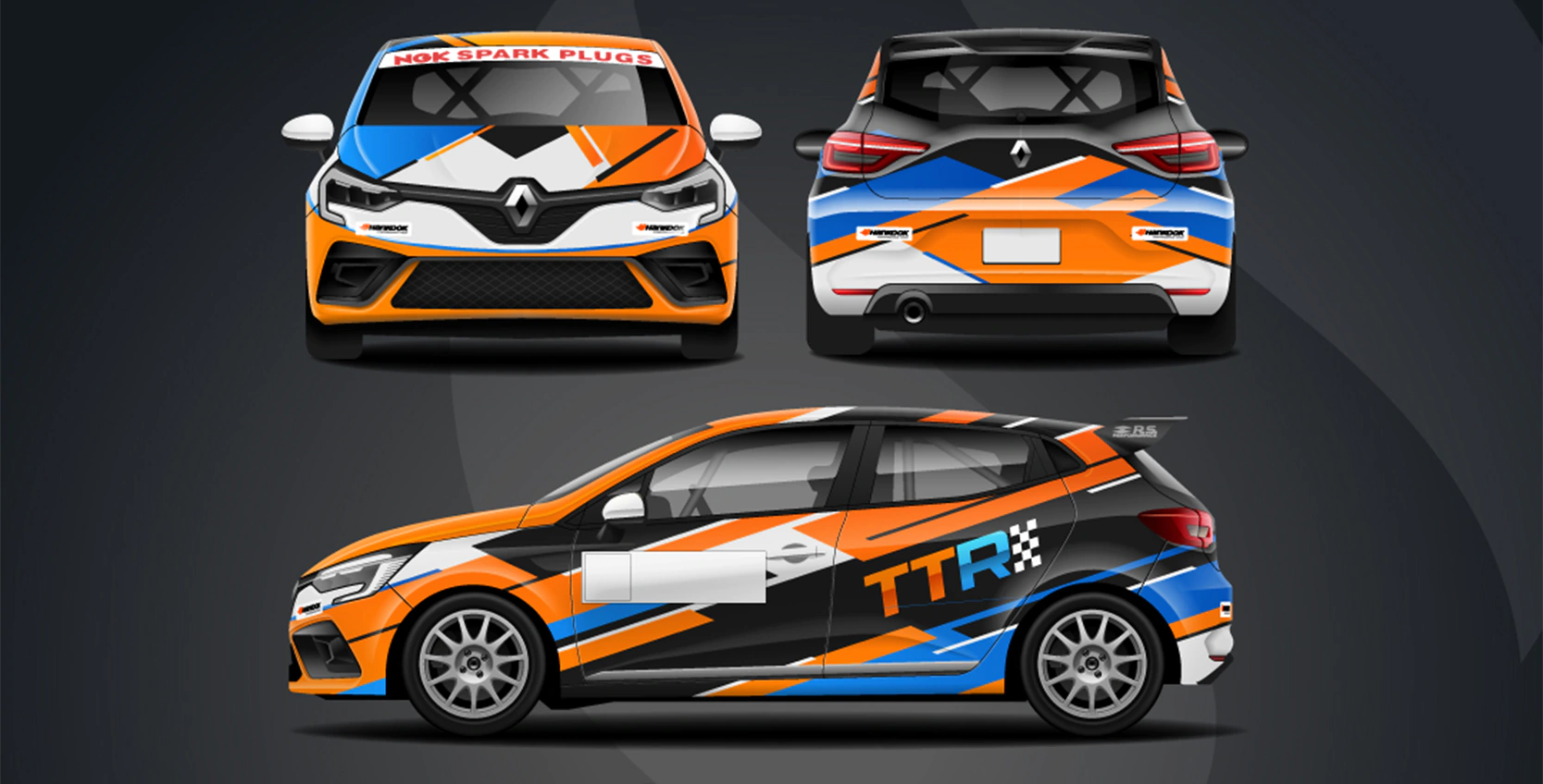 Racecar Livery Design for TTR on a Gen 5 Renault Clio featuring the team's colours and branding.
